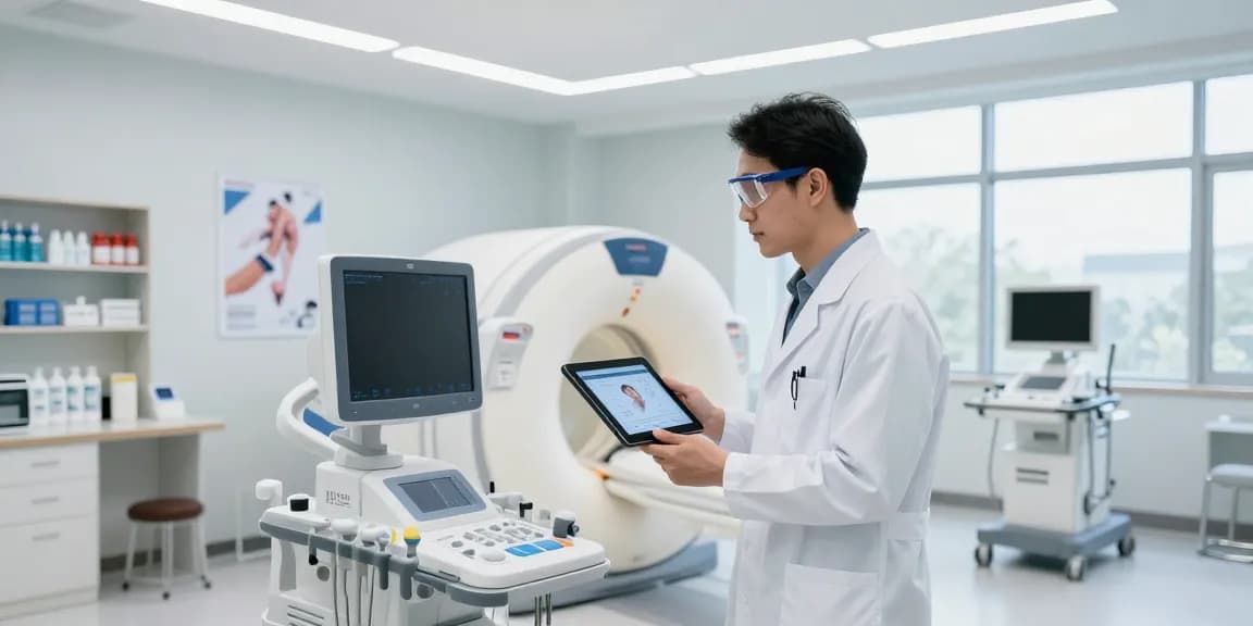 Buy medical equipment with a healthcare professional analyzing advanced devices in a modern clinic.