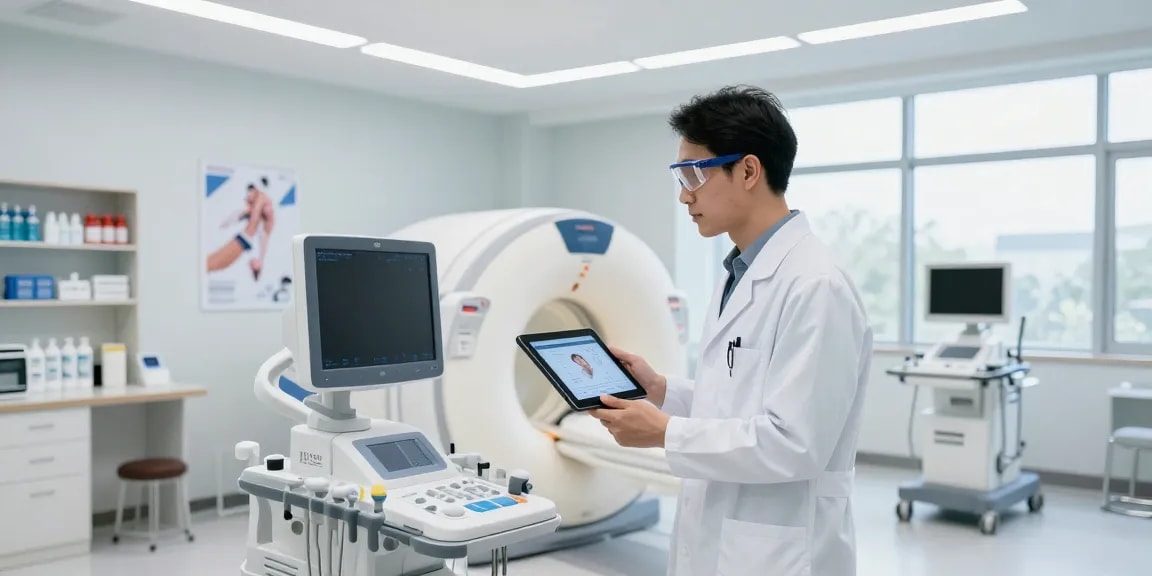 Buy medical equipment with a healthcare professional analyzing advanced devices in a modern clinic.