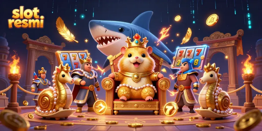 Experience thrilling slot resmi play with a cartoon hamster king atop a megalodon throne in a vibrant casino setting.