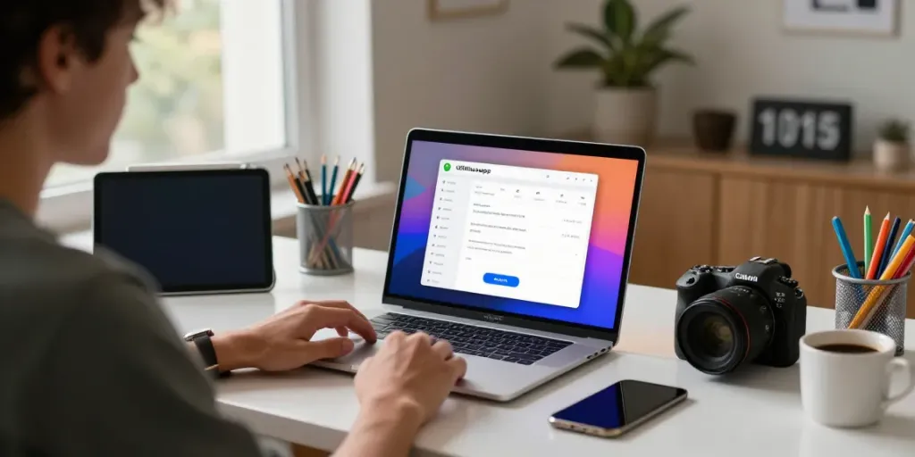 Latest version download of GBWhatsApp displayed on smartphone screen in a modern home office.
