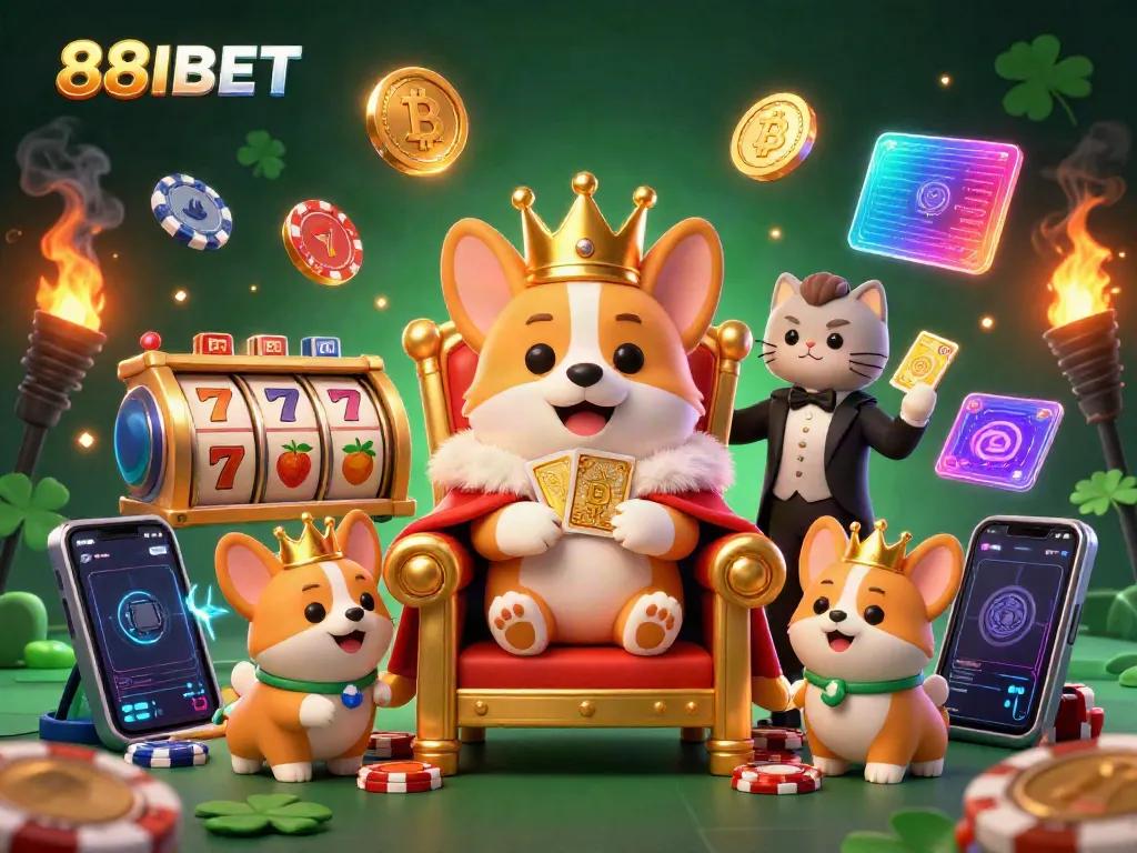 Play with 88IBET as a royal corgi presides over a vibrant slot-themed casino scene.