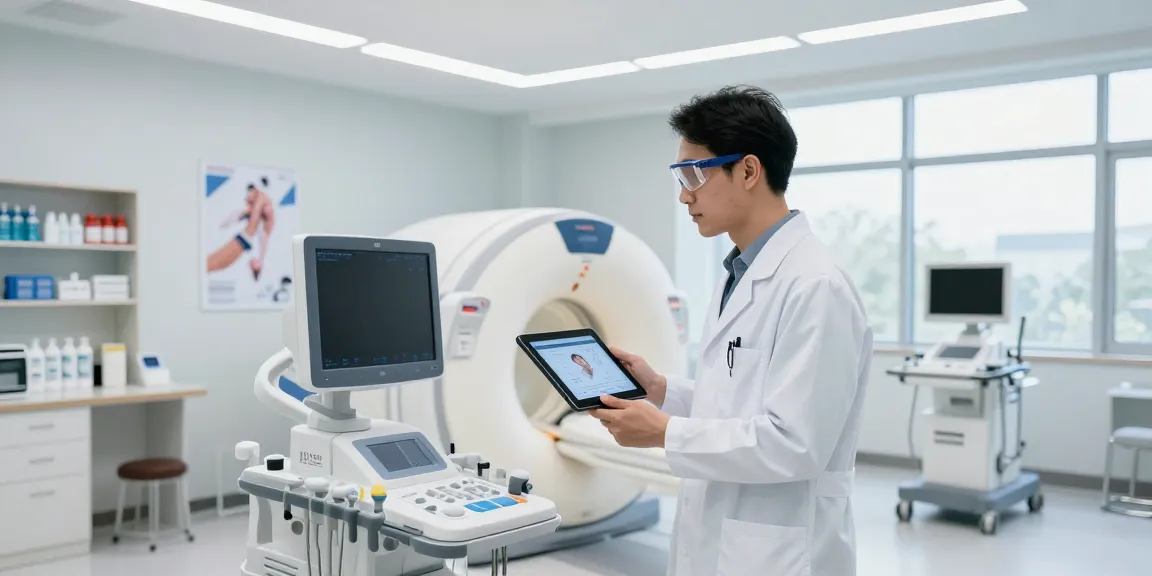 Buy medical equipment with a healthcare professional analyzing advanced devices in a modern clinic.