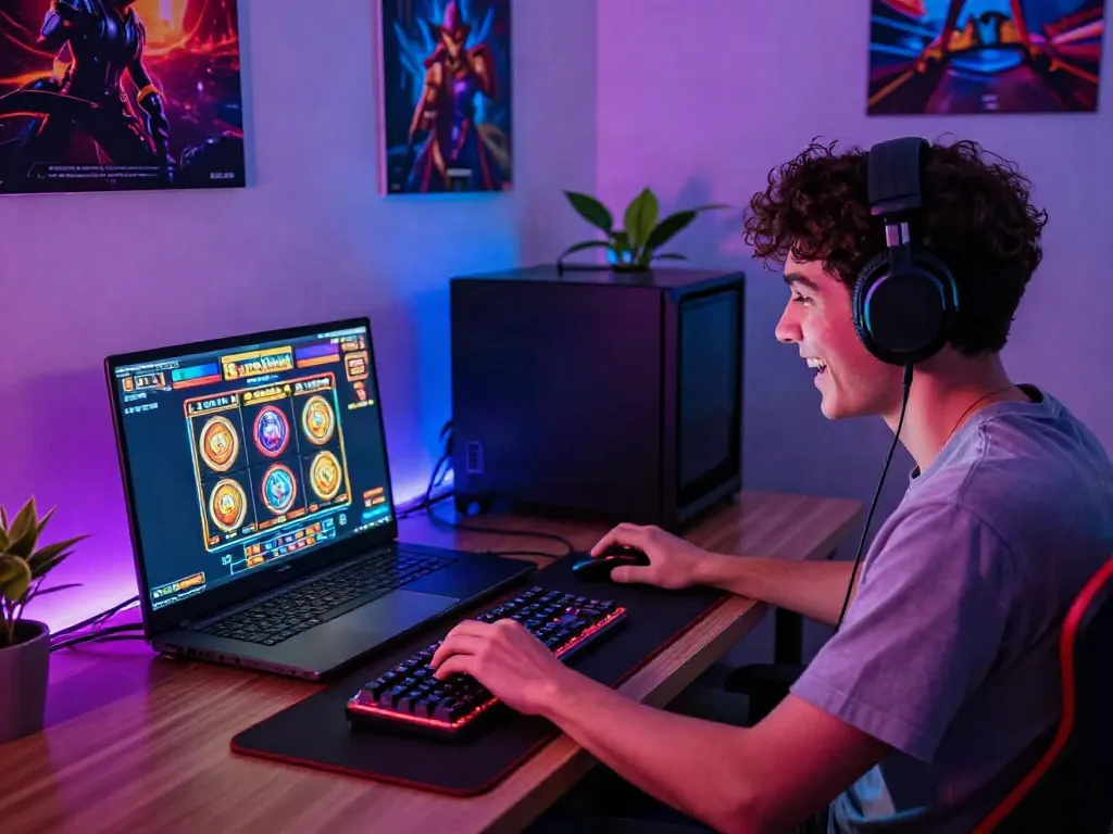 Excited gamer playing rokok88 slot on a gaming laptop in a vibrant LED-lit room.