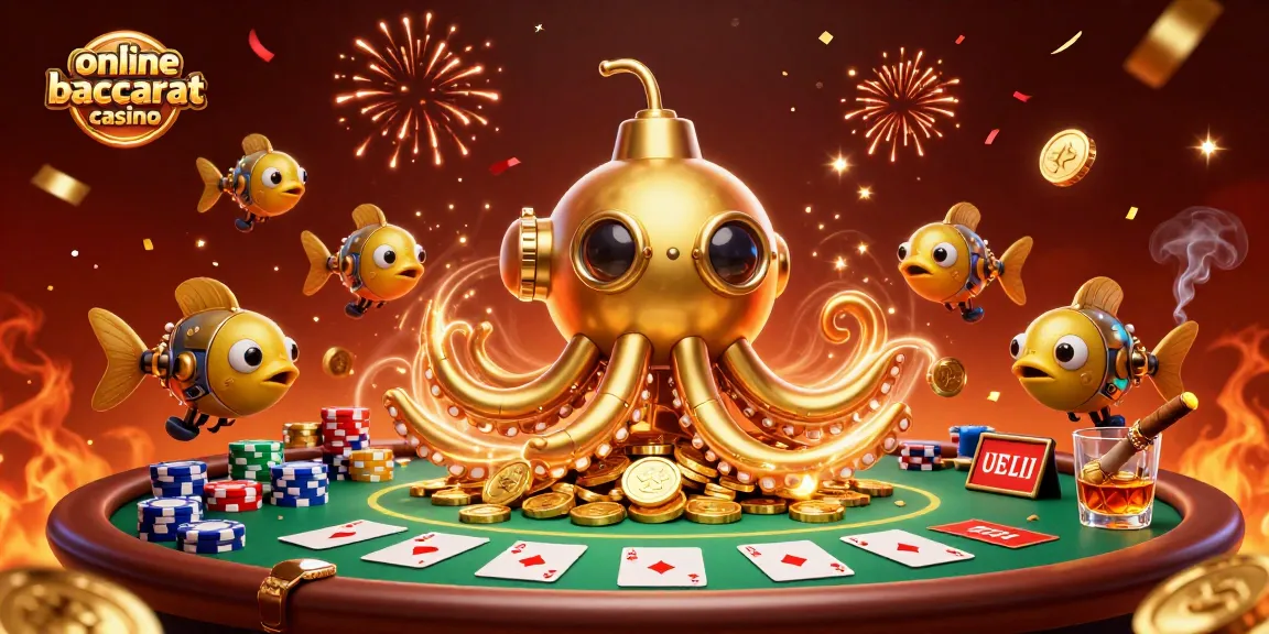 Engage in thrilling online baccarat casino action with a vibrant 3D illustration of a kraken submarine amidst golden coins.