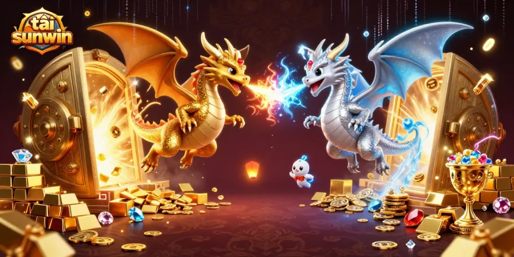 Experience the excitement of tải sunwin through an enchanting 3D illustration showcasing magical dragons and treasure.
