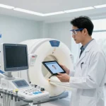Buy medical equipment with a healthcare professional analyzing advanced devices in a modern clinic.