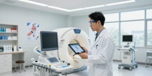 Buy medical equipment with a healthcare professional analyzing advanced devices in a modern clinic.
