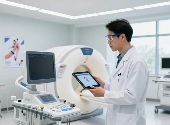 Buy medical equipment with a healthcare professional analyzing advanced devices in a modern clinic.