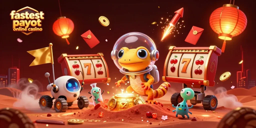 Experience the excitement at the fastest payout online casino with this vibrant illustration of a Martian gecko and a golden casino.