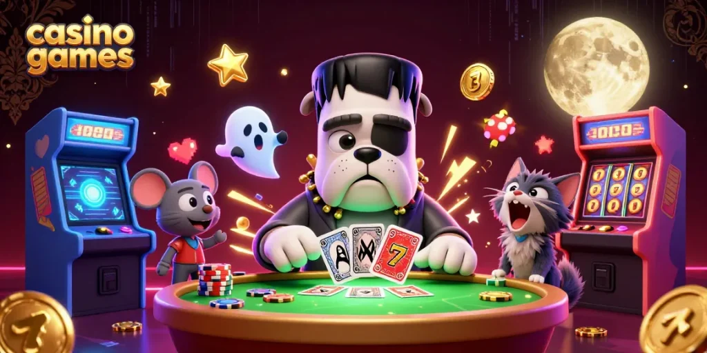 Engage in thrilling casino games with a spooky cartoon theme featuring a Frankenstein bulldog and ghost mouse.
