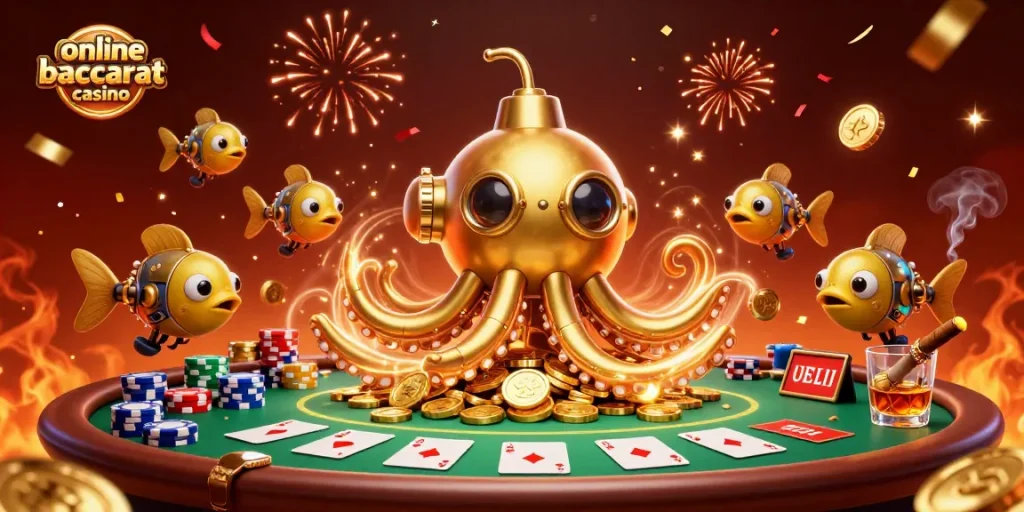Engage in thrilling online baccarat casino action with a vibrant 3D illustration of a kraken submarine amidst golden coins.